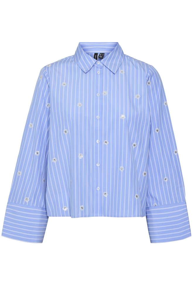 VMLEILA LS LOOSE SHORT SHIRT WVN 10321872 Cornflower Blue/Snow white